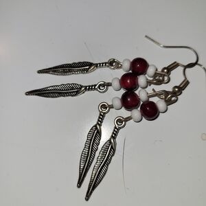 Silver and Red Feather Earrings